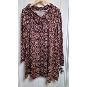 Arolina Burgundy Paisley Cowl Neck Button Tunic Mini Dress Plus Size XXL / XL